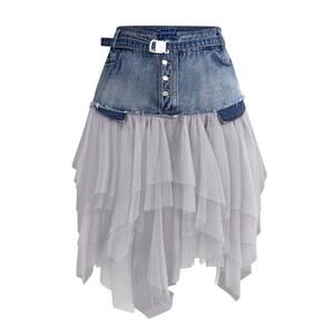 Micas Denim Mesh Patchwork Skirt 0XL Belted Tulle Fairycore Skirt